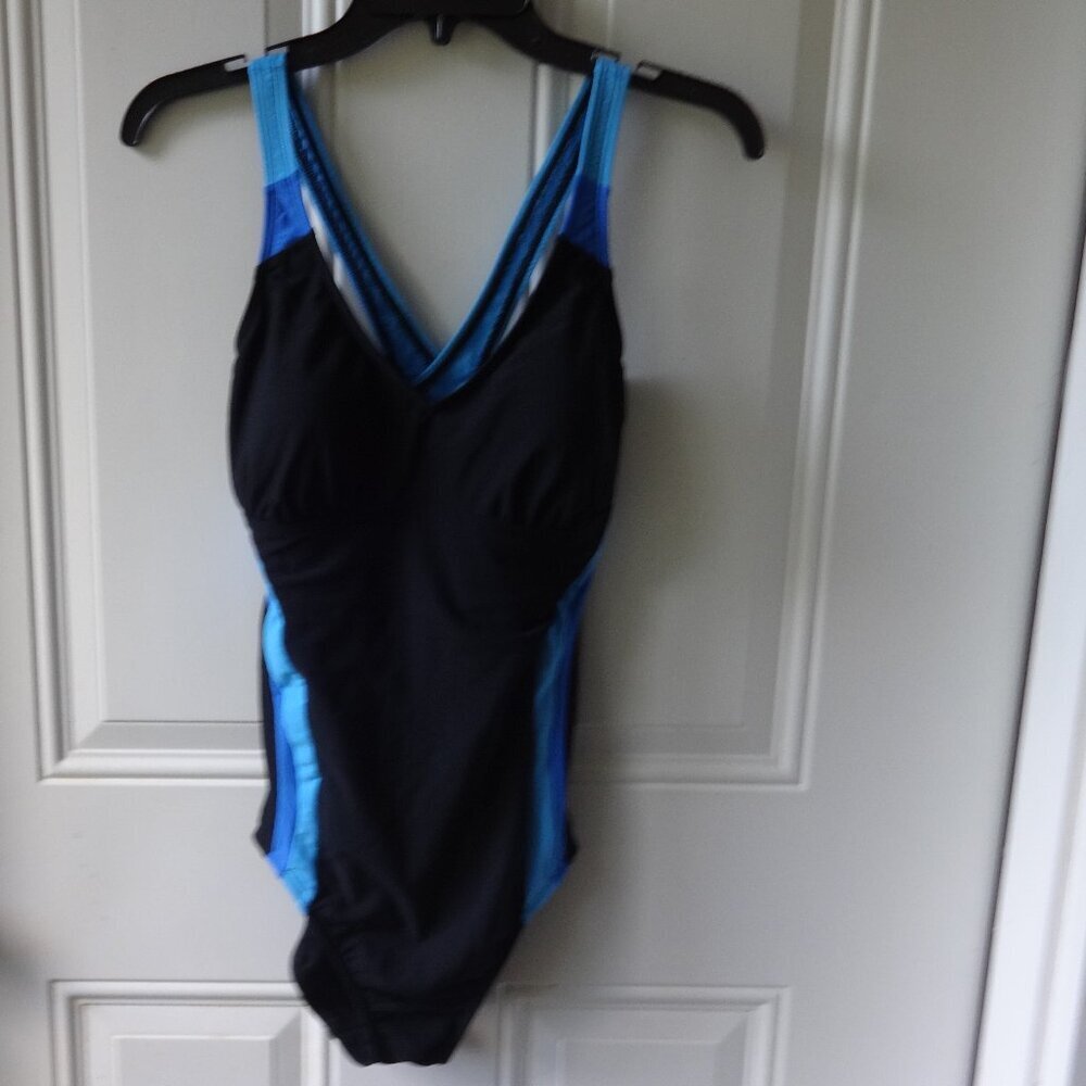 Lands End one piece swim suit size 8L, dark blue with light blue trim, stretch